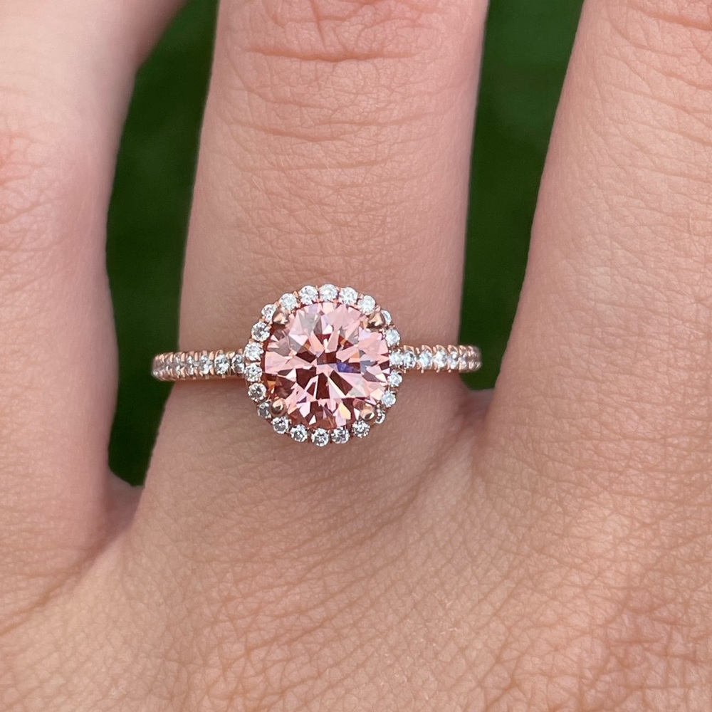 1 carat pink lab grown diamond engagement ring with halo